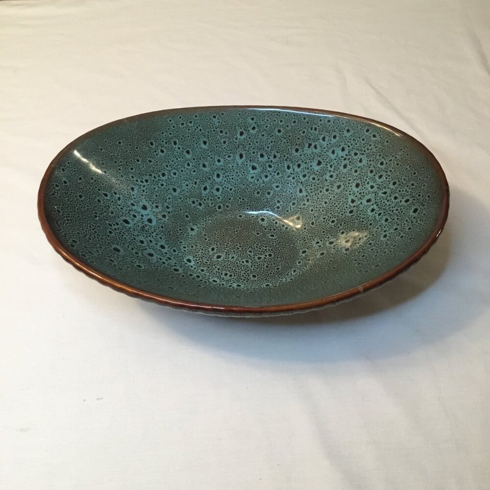 Decorative Blue Pottery Bowl Trendy Table Center Piece Brown Rim